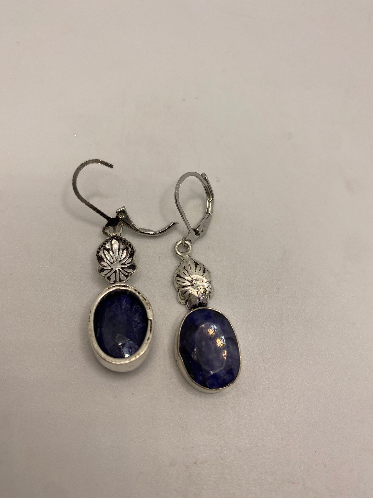 Vintage Blue Raw Sapphire Earrings Silver Lever Back Dangle