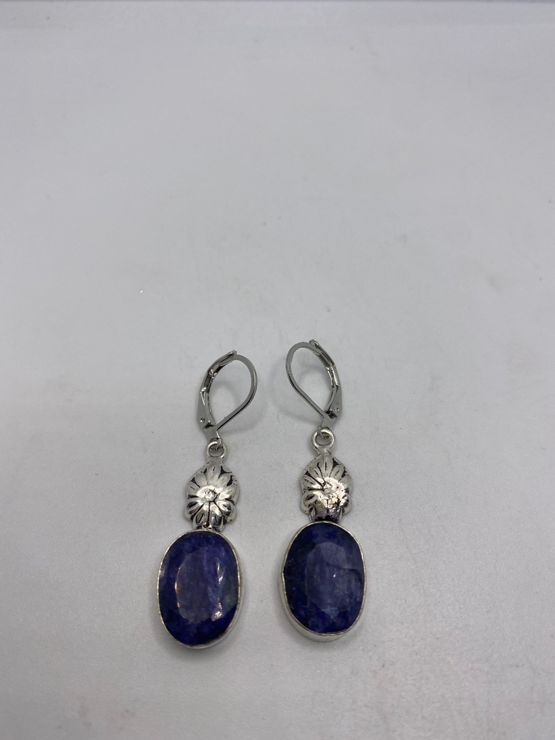 Vintage Blue Raw Sapphire Earrings Silver Lever Back Dangle