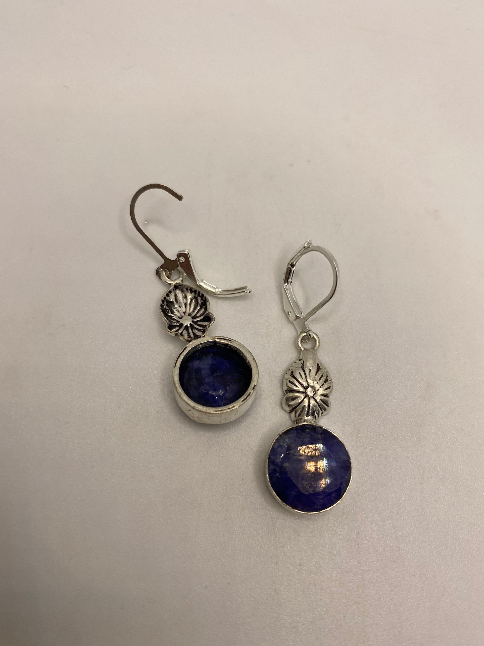 Vintage Blue Raw Sapphire Earrings Silver Lever Back Dangle