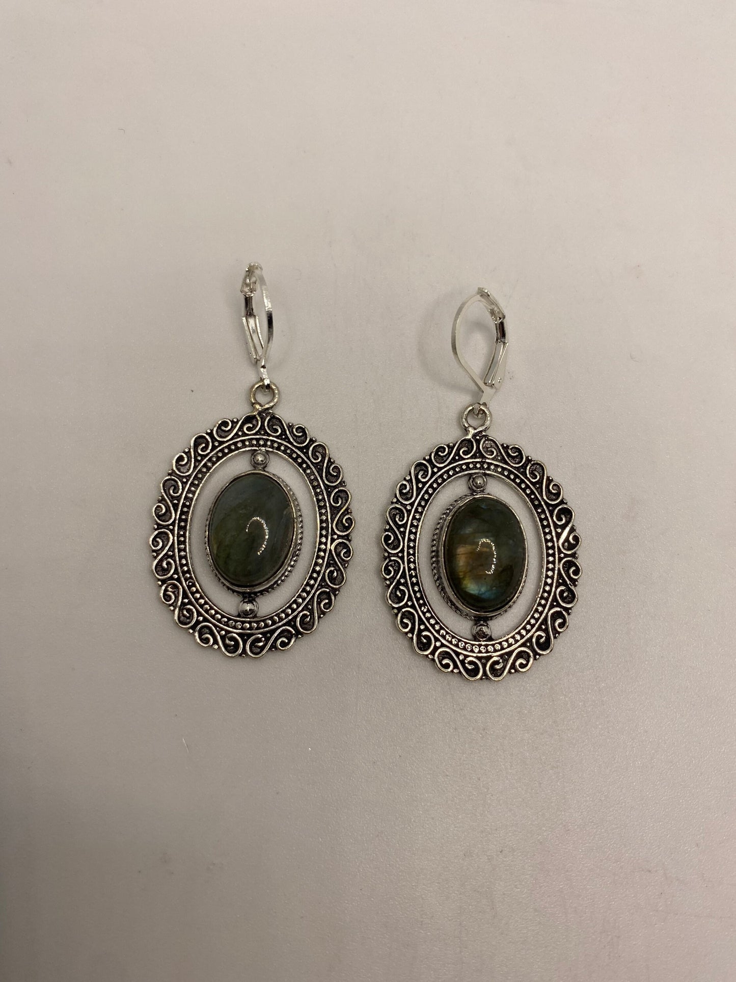 Antique Vintage Green Labradorite Silver Dangle Earrings