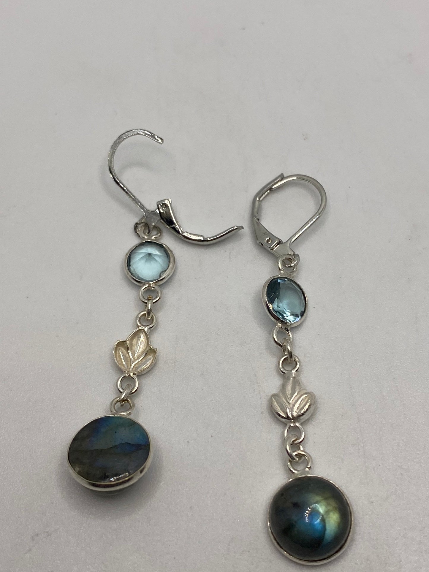 Antique Vintage Blue Labradorite Blue Topaz Silver Dangle Lever Back Earrings