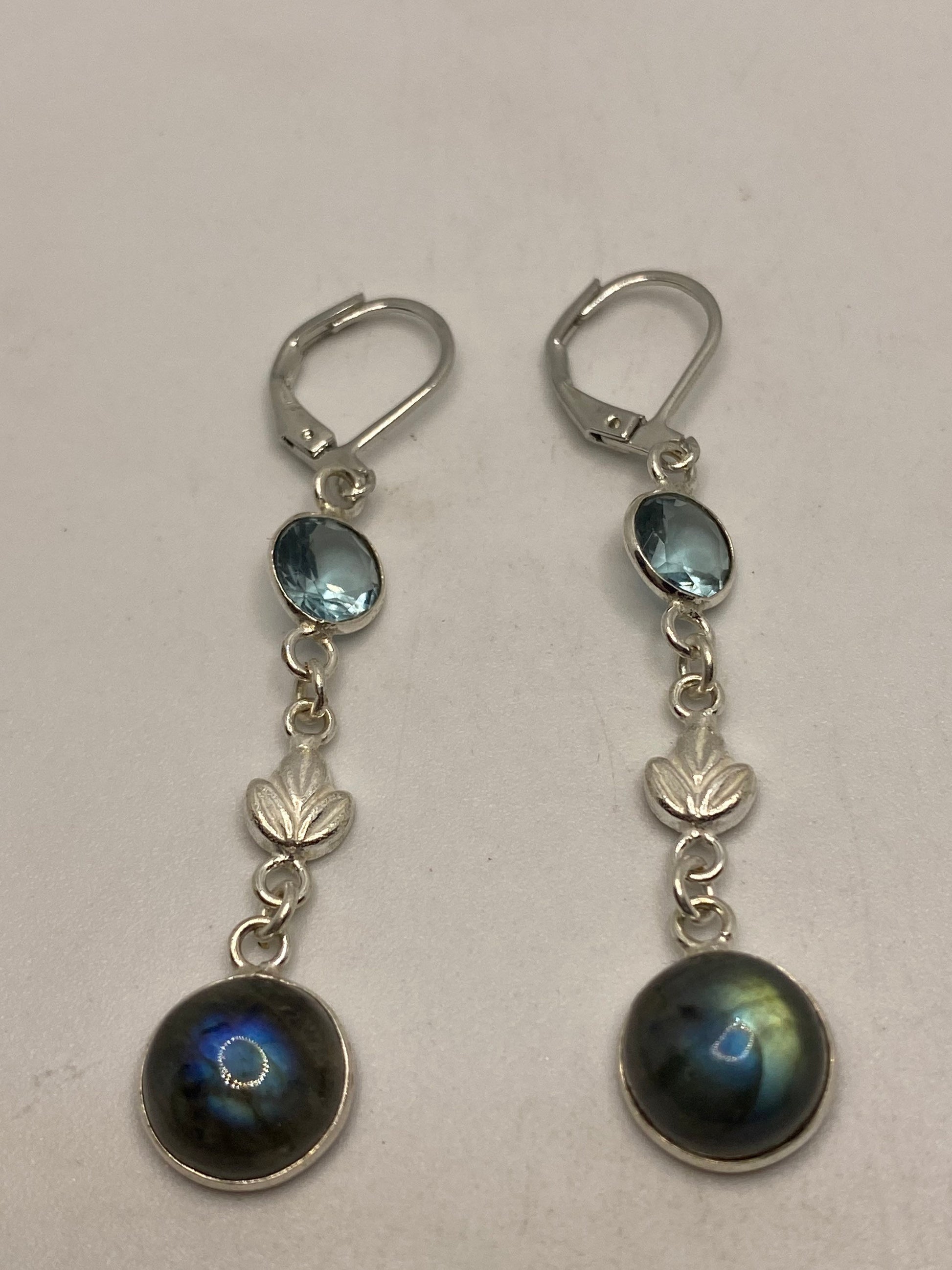 Antique Vintage Blue Labradorite Blue Topaz Silver Dangle Lever Back Earrings