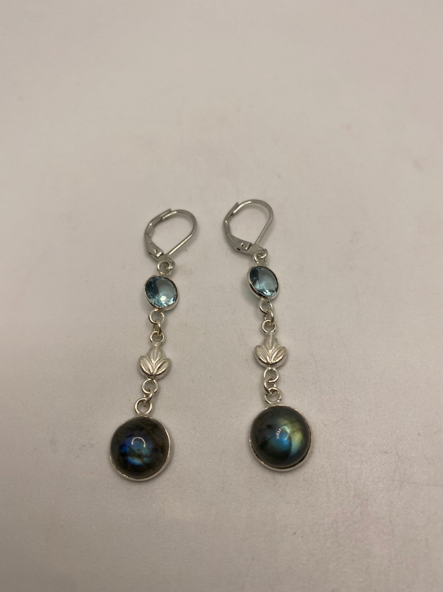 Antique Vintage Blue Labradorite Blue Topaz Silver Dangle Lever Back Earrings