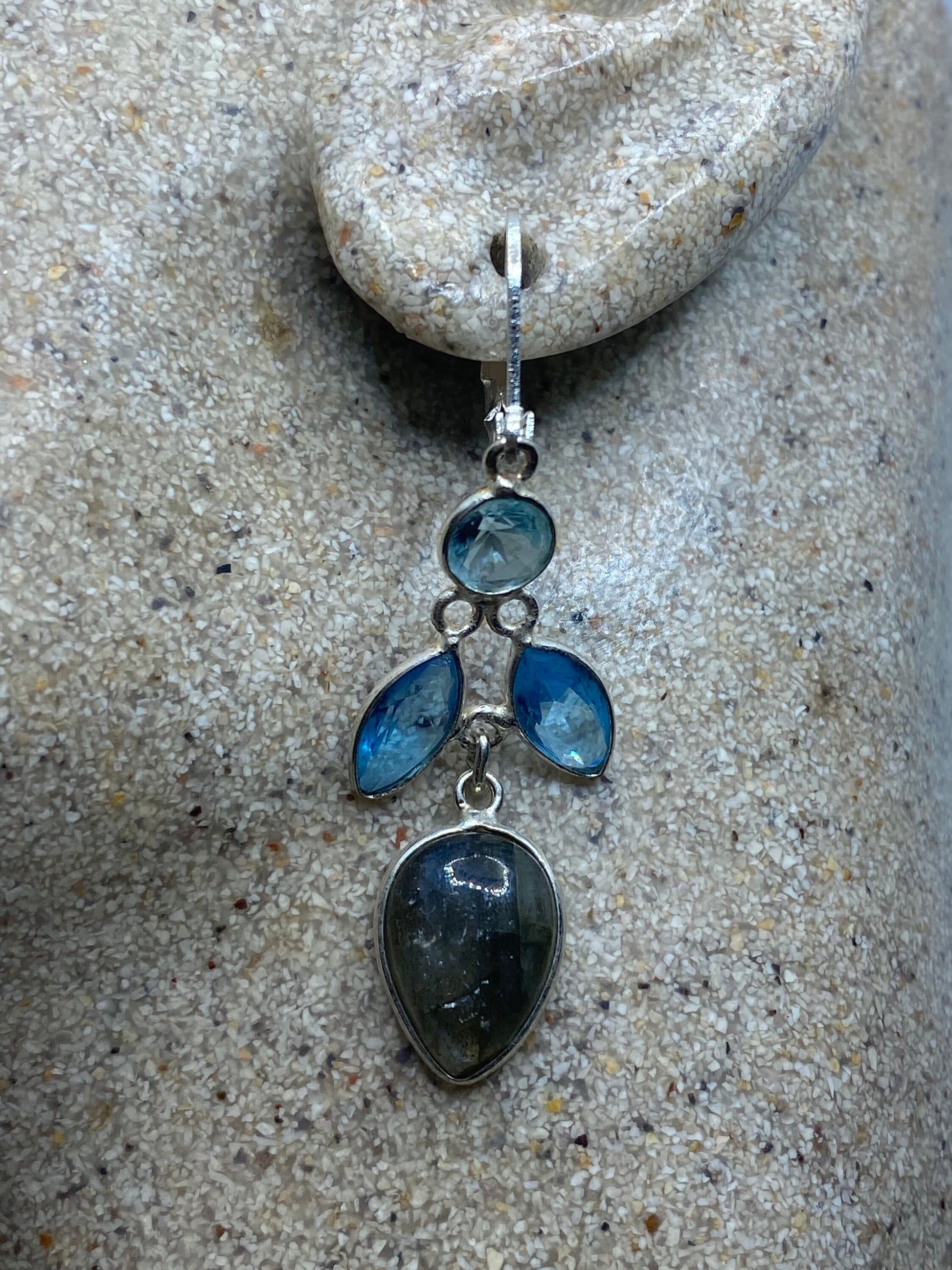 Antique Vintage Blue Labradorite Blue Topaz Silver Dangle Lever Back Earrings