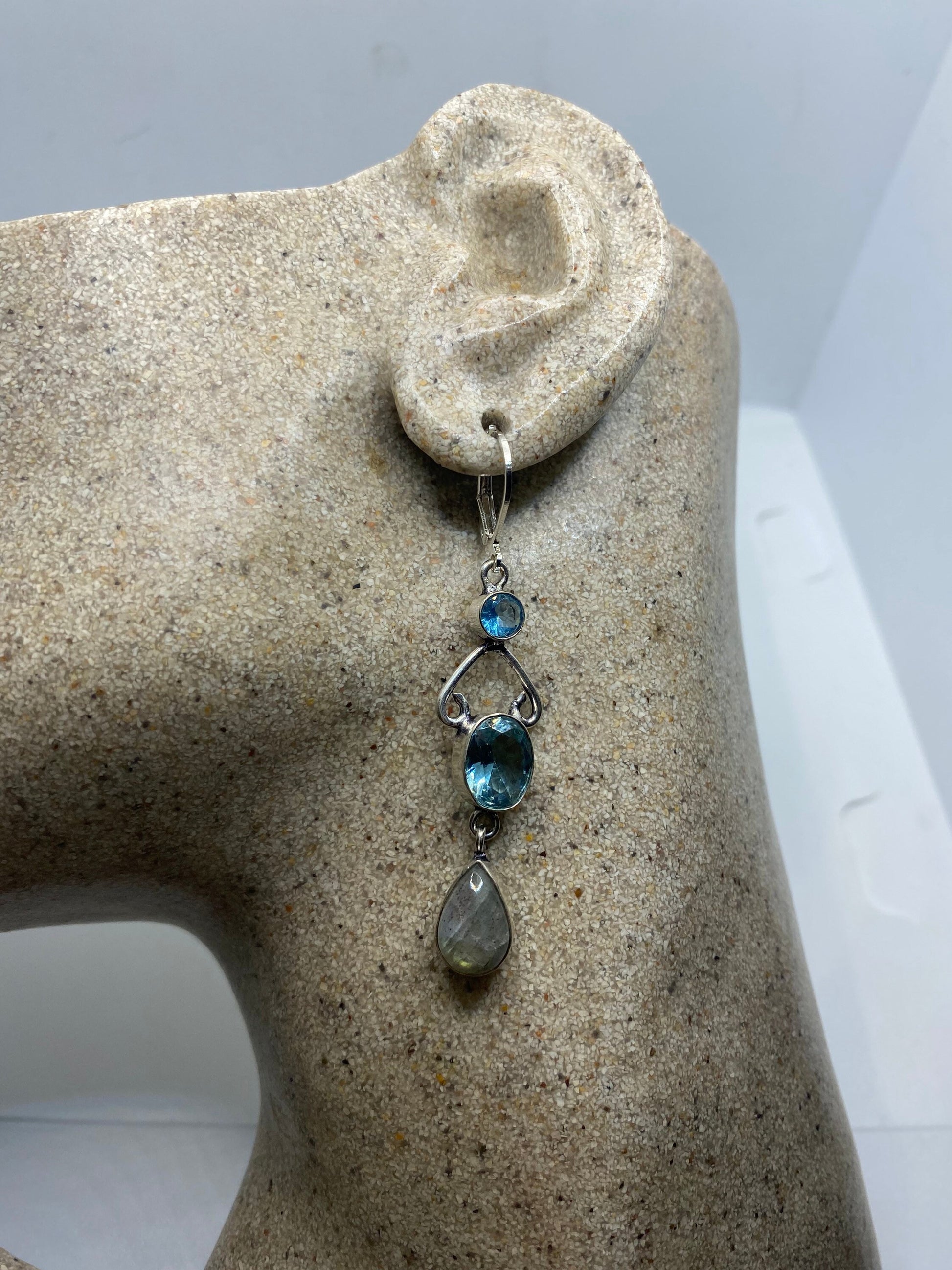 Antique Vintage Blue Labradorite Blue Topaz Silver Dangle Lever Back Earrings