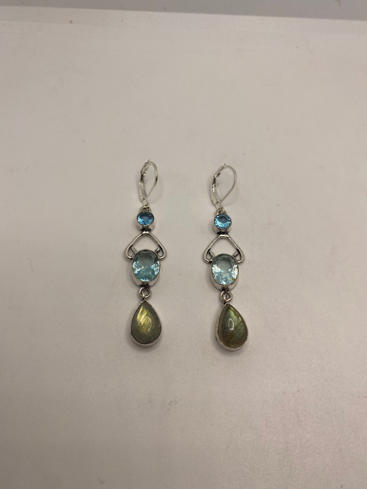 Antique Vintage Blue Labradorite Blue Topaz Silver Dangle Lever Back Earrings