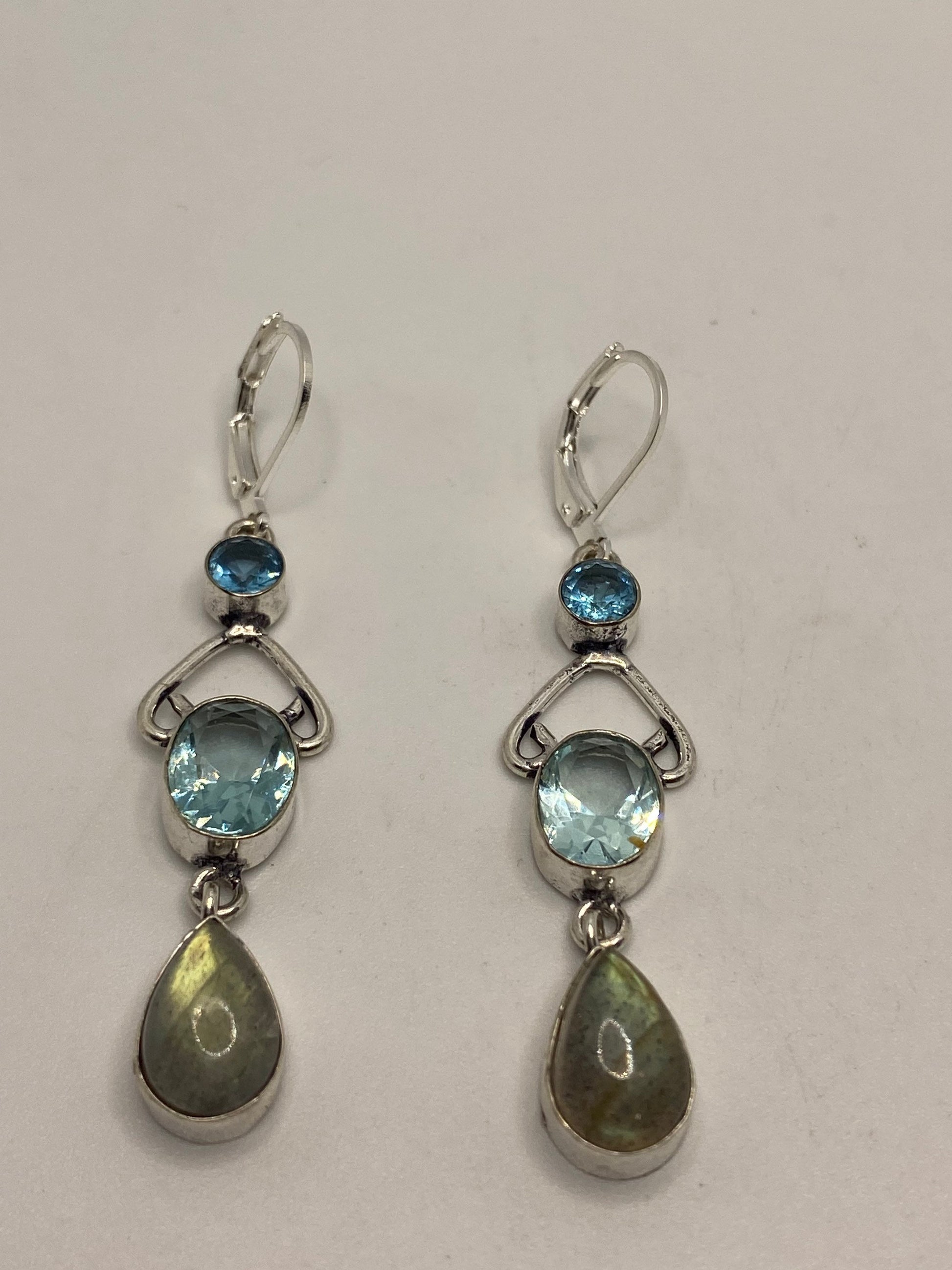 Antique Vintage Blue Labradorite Blue Topaz Silver Dangle Lever Back Earrings