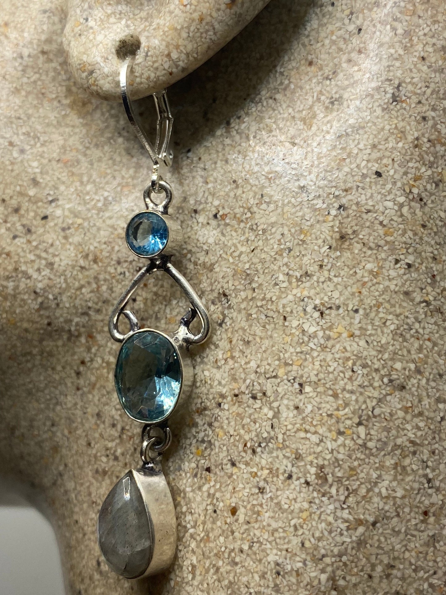 Antique Vintage Blue Labradorite Blue Topaz Silver Dangle Lever Back Earrings