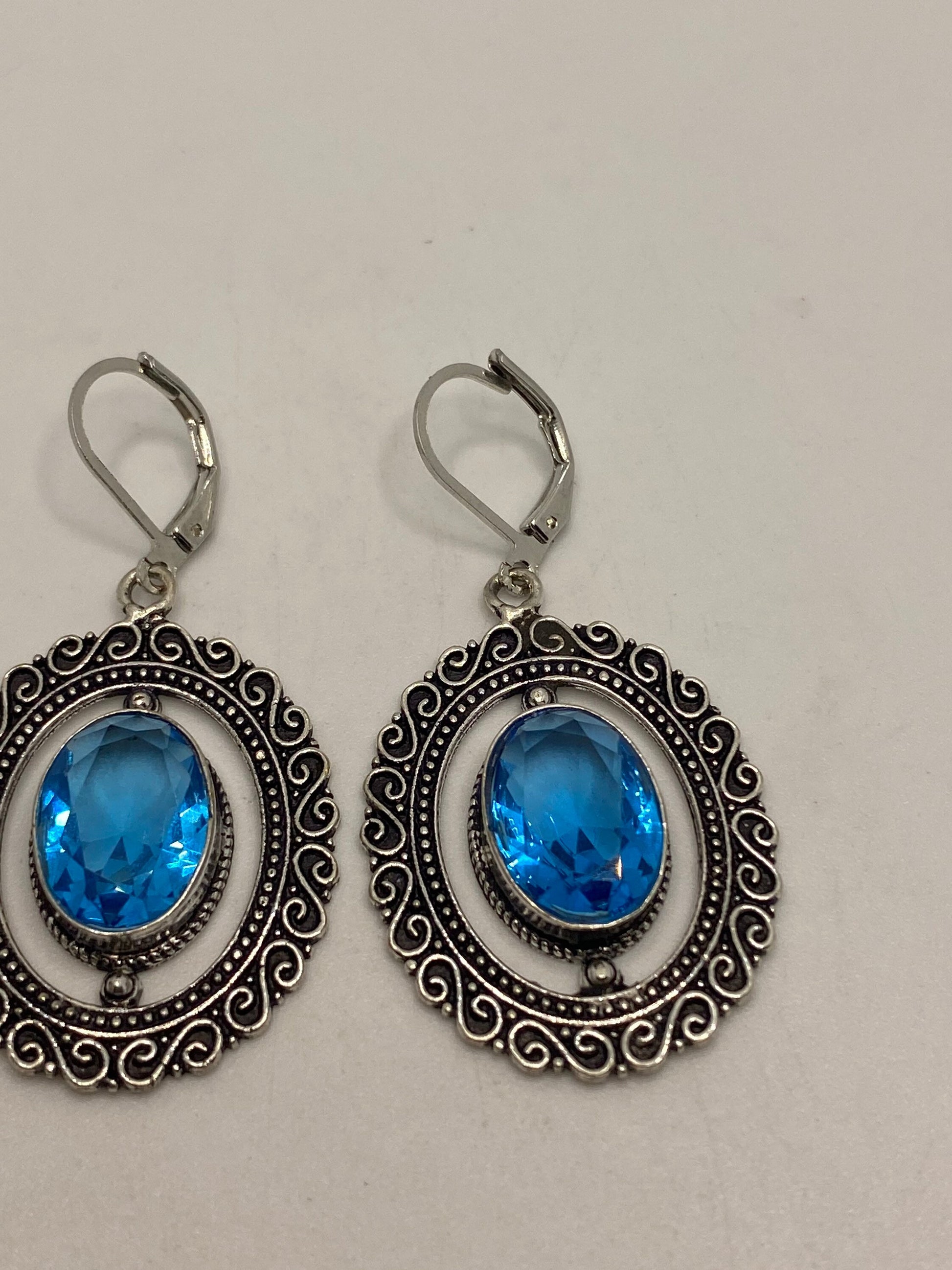 Antique Vintage Blue Topaz Silver Dangle Lever Back Earrings