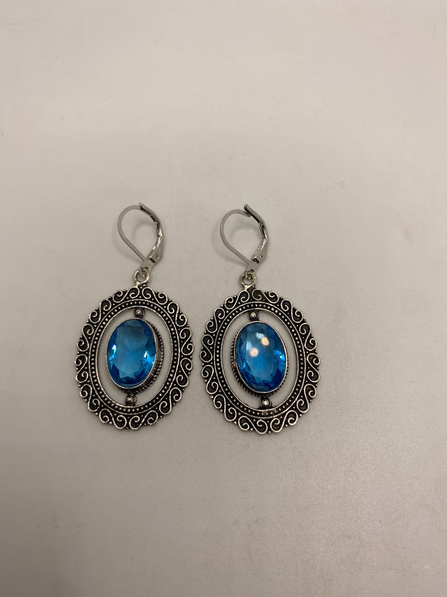 Antique Vintage Blue Topaz Silver Dangle Lever Back Earrings