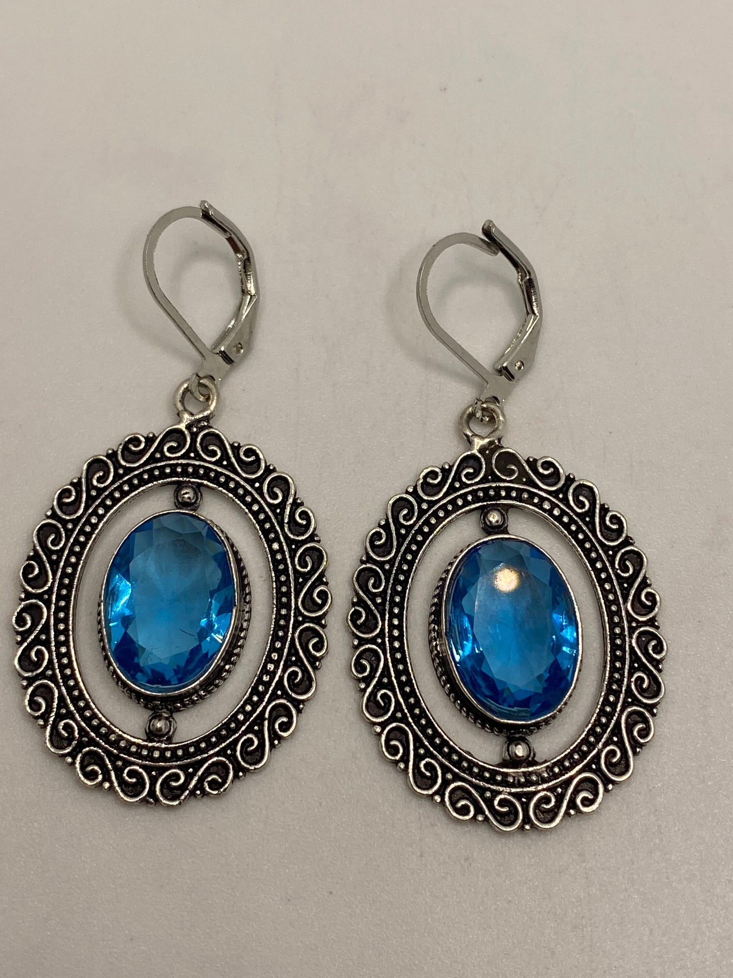 Antique Vintage Blue Topaz Silver Dangle Lever Back Earrings