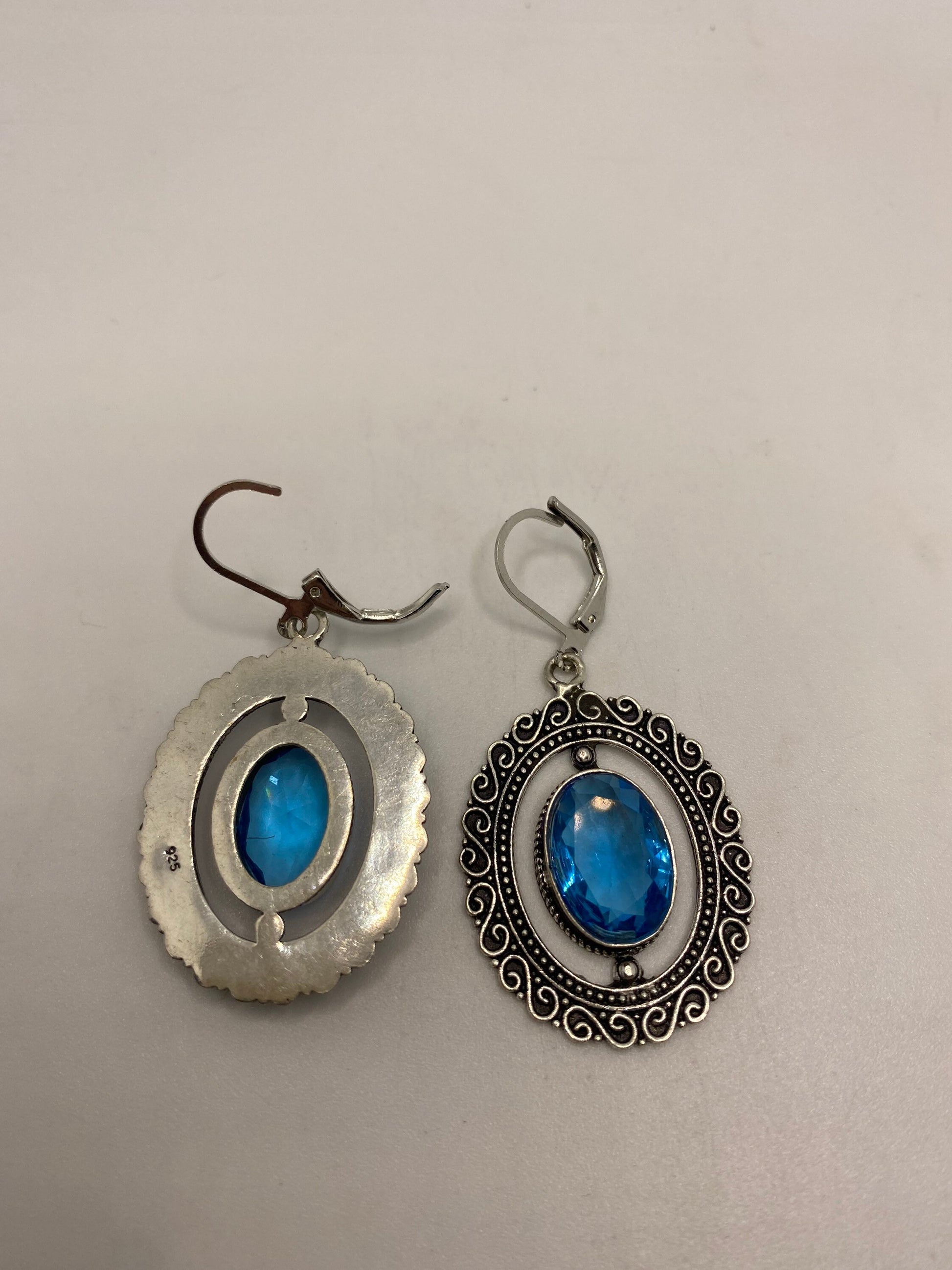 Antique Vintage Blue Topaz Silver Dangle Lever Back Earrings