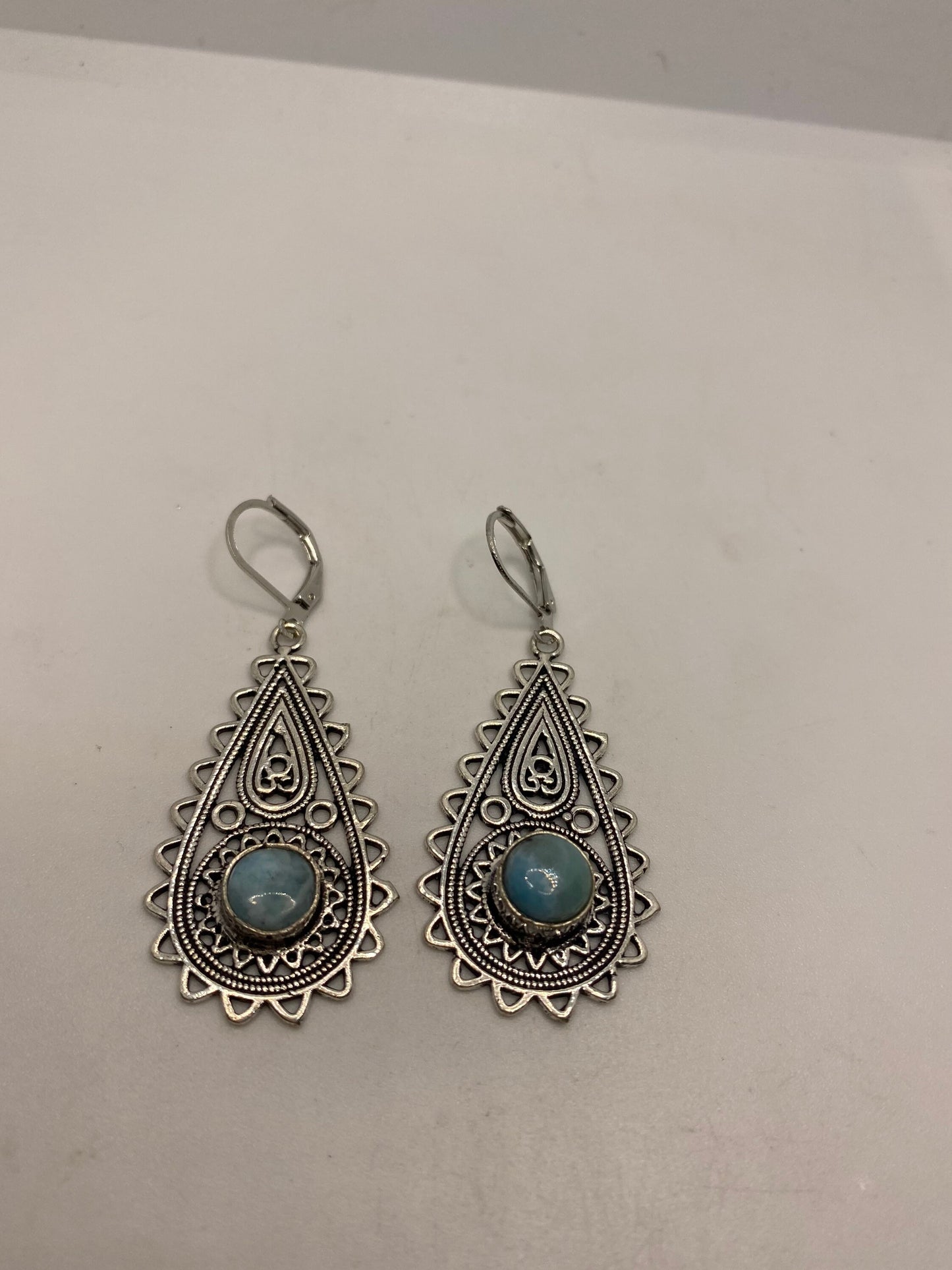 Antique Vintage Blue Larimar Silver Dangle Lever Back Earrings