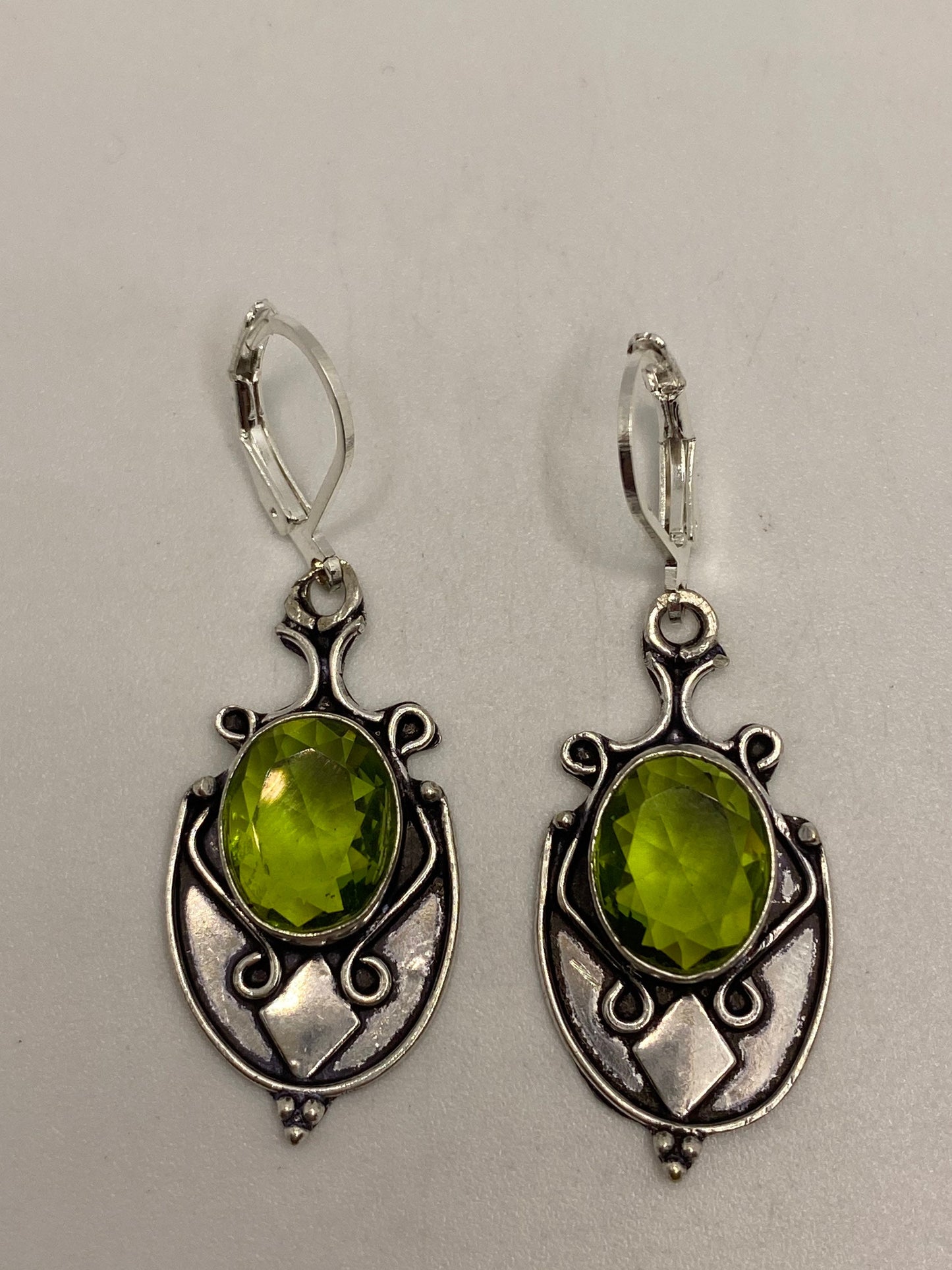 Antique Vintage Green Peridot Silver Dangle Earrings