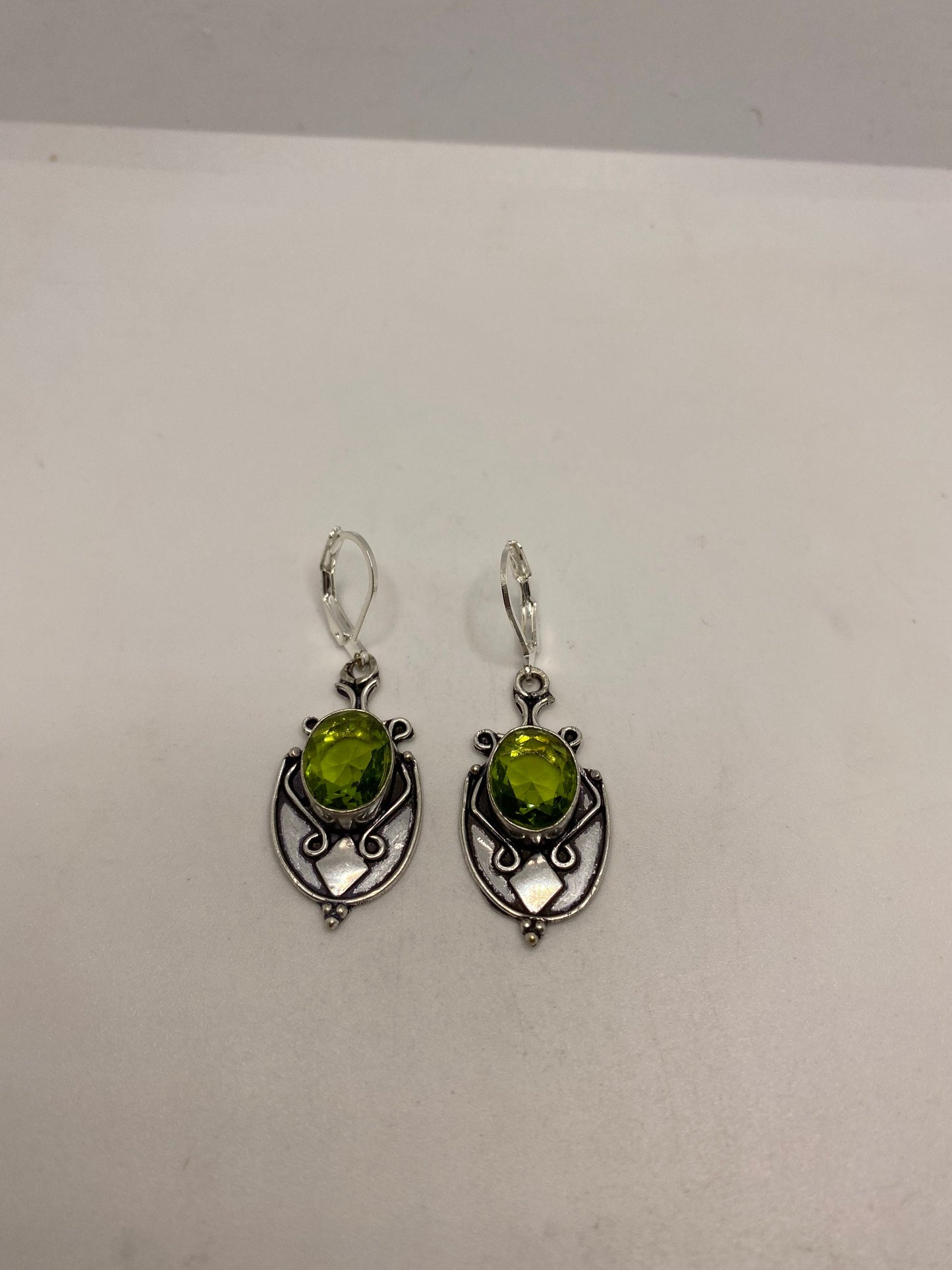 Antique Vintage Green Peridot Silver Dangle Earrings