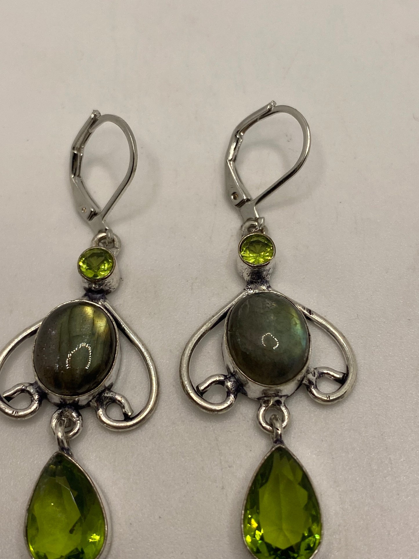 Antique Vintage Green Labradorite Peridot Silver Dangle Earrings