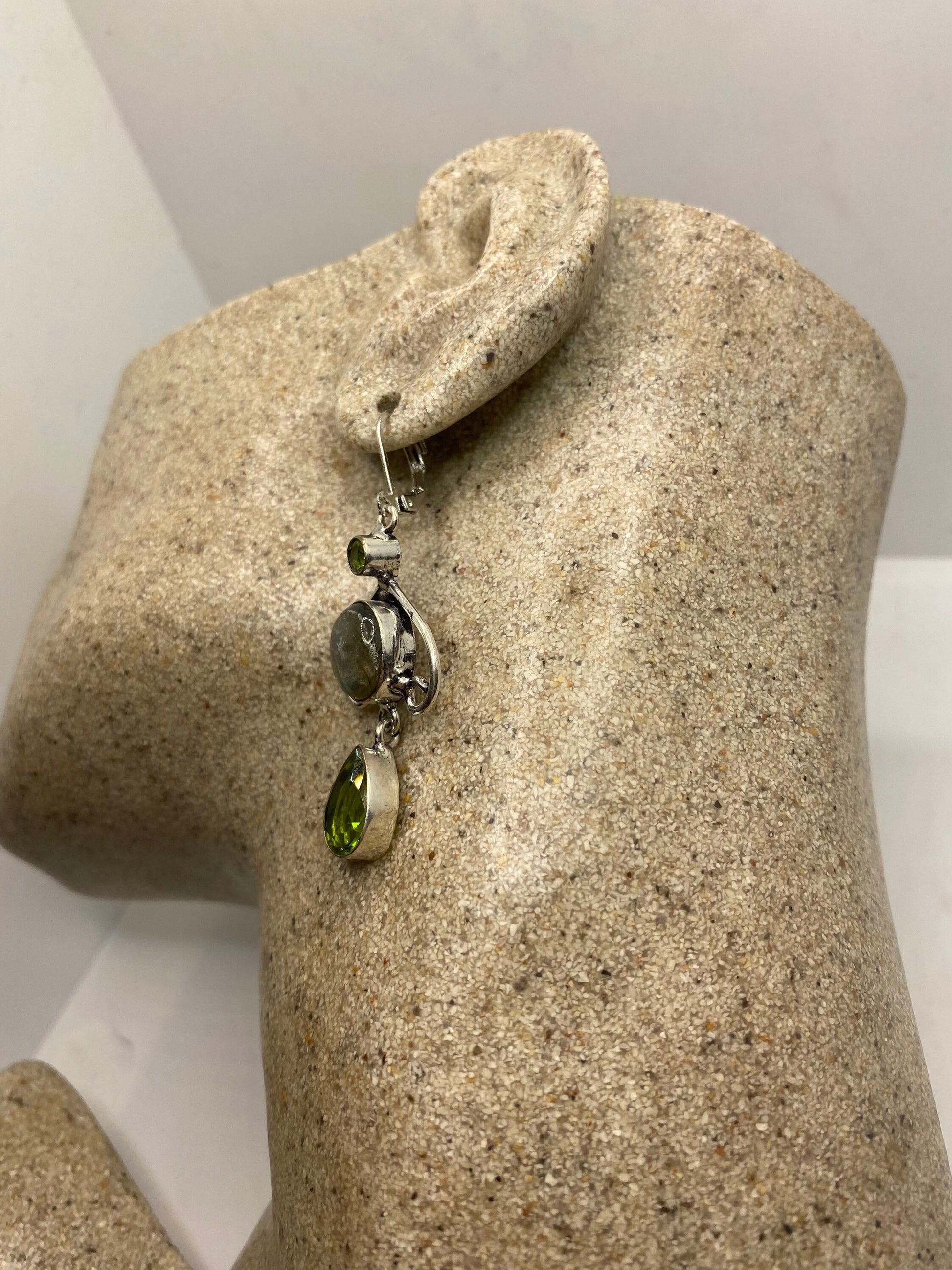 Antique Vintage Green Labradorite Peridot Silver Dangle Earrings