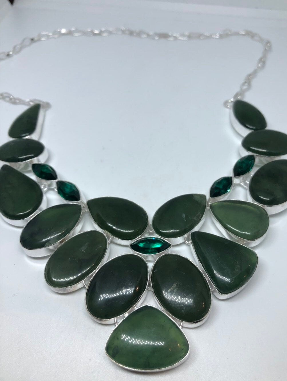 Green Handmade Gothic Styled Silver Finished Genuine Facetted Antique Glass and Nephrite Jade Collar Bib Necklace