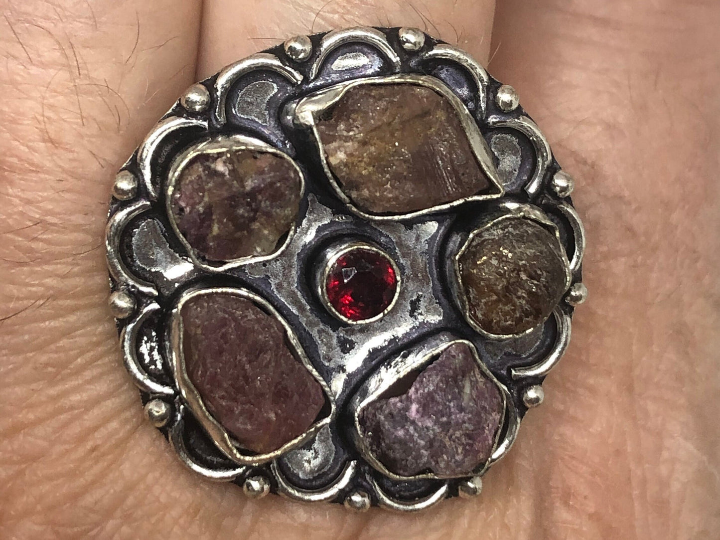 Vintage Genuine Raw Tourmaline Gothic Flower Ring