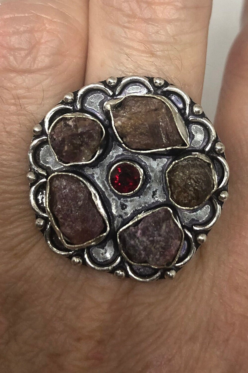 Vintage Genuine Raw Tourmaline Gothic Flower Ring