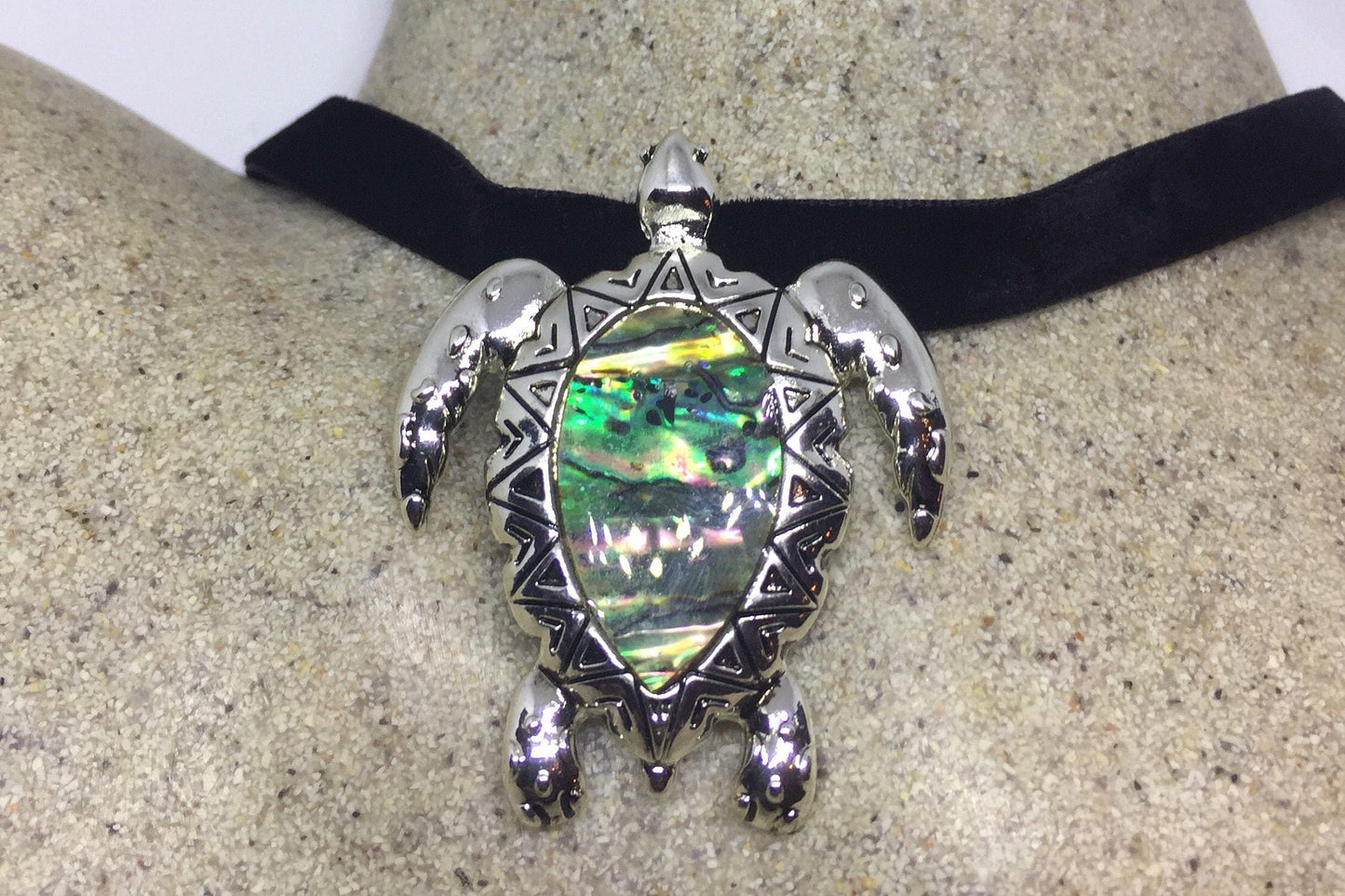 Blue Handmade Gothic Styled Silver Finished Genuine Abalone Sea Turtle Choker Necklace