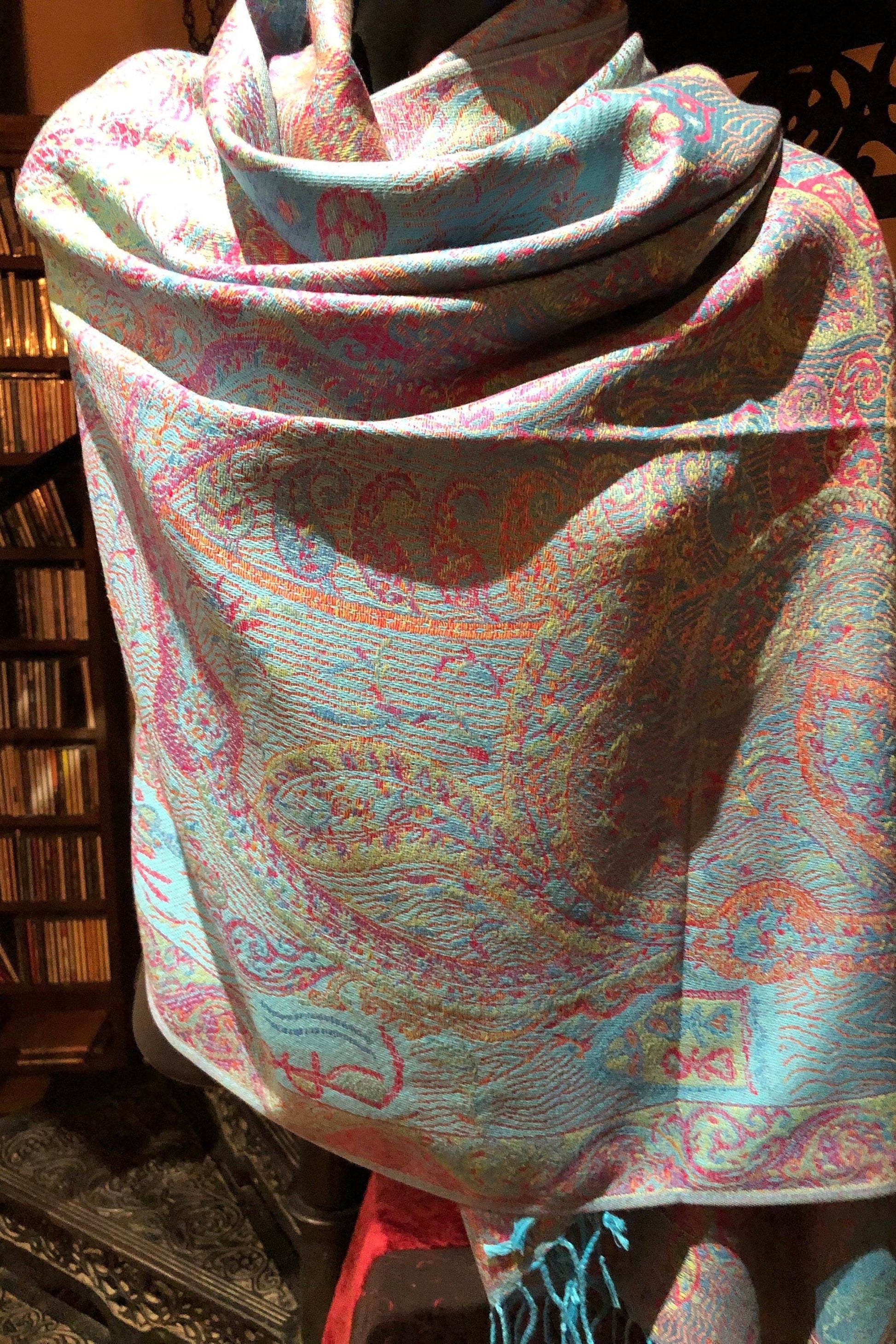 Turquoise Blue Vintage Paisley Brocade Pashmina Scarf Wrap Shawl