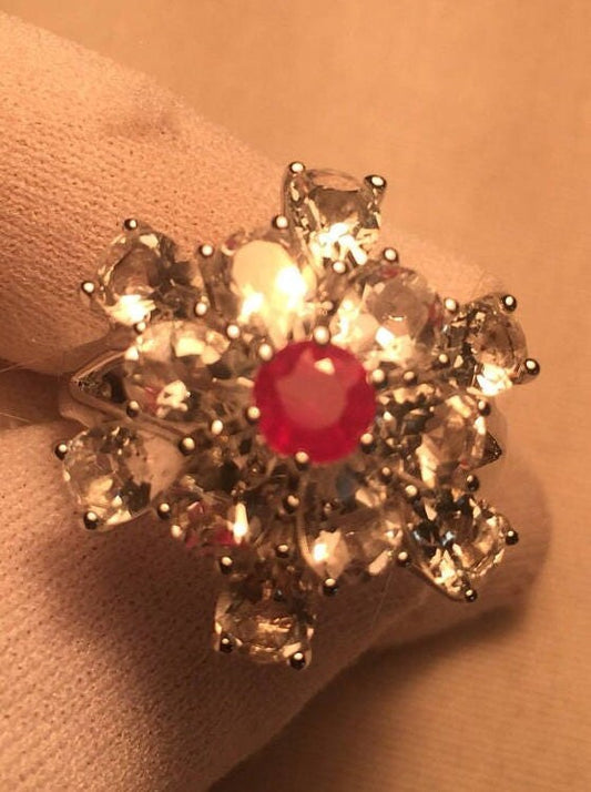 Vintage Handmade Ruby and Aquamarine Setting 925 Sterling Silver Gothic Ring