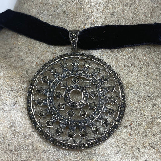 Vintage Marcasite 925 Sterling Silver Dangle Pendant Necklace