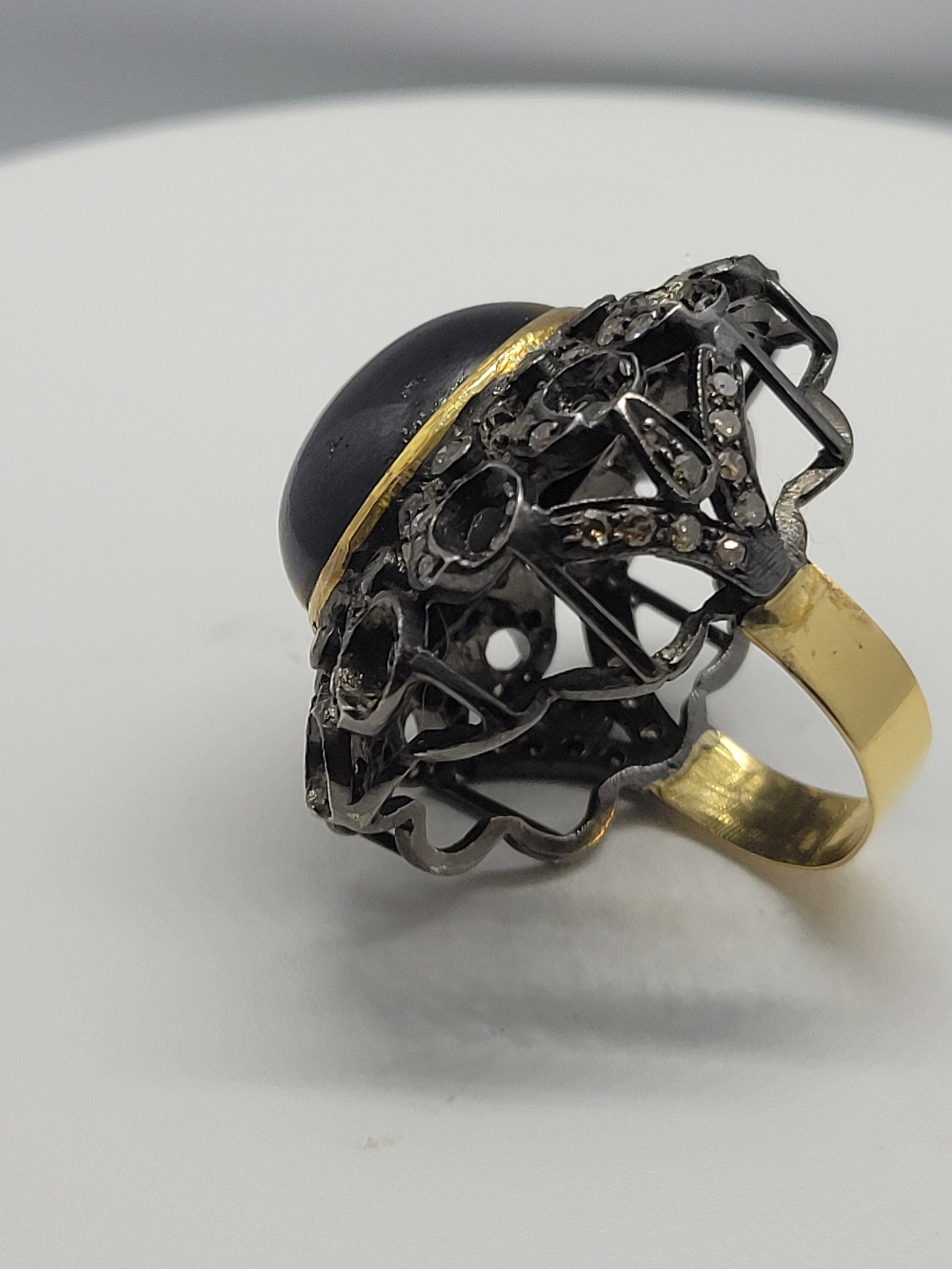 Vintage Black Star of India with Diamond in 925 Sterling Silver and 14k Gold Ring Genuine Star Diopside Genuine Diamond Revival Collection