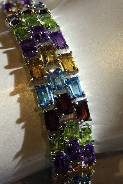 Vintage Garnet Amethyst Citrine Blue Topaz Peridot in 925 Sterling Silver Tennis Bracelet