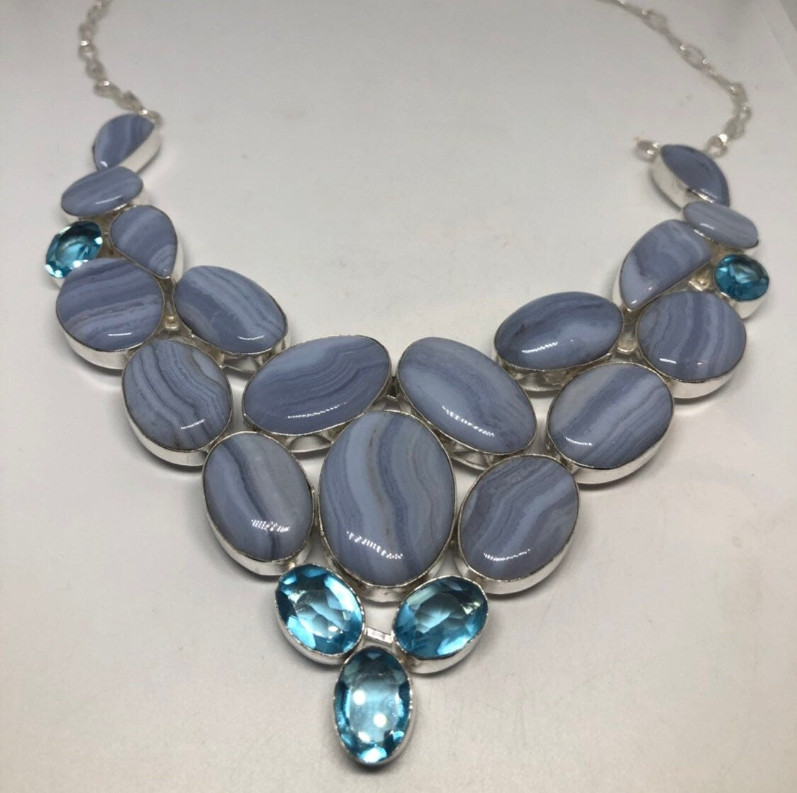 Silver Finished Genuine Facetted Antique Glass and Blue Lace Agate Choker Necklace