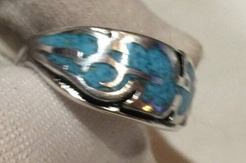 Vintage Native American Style Turquoise Stone Inlay Hawk Feather Ring