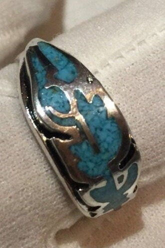 Vintage Native American Style Turquoise Stone Inlay Hawk Feather Ring