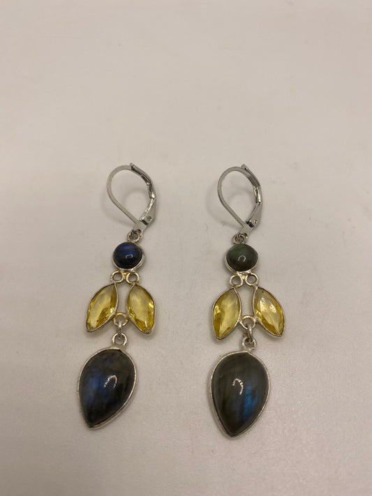 Vintage Citrine Labradorite 925 Sterling Silver Lever Back Earrings