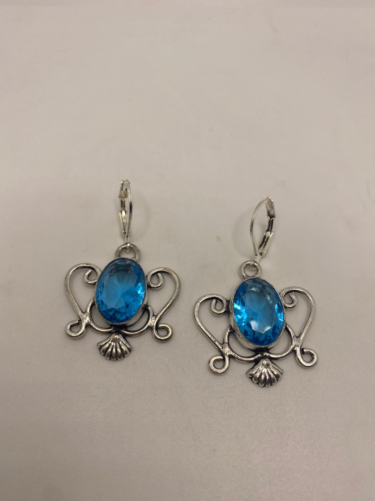 Antique Vintage Aqua Blue Volcanic Glass Silver Dangle Earrings