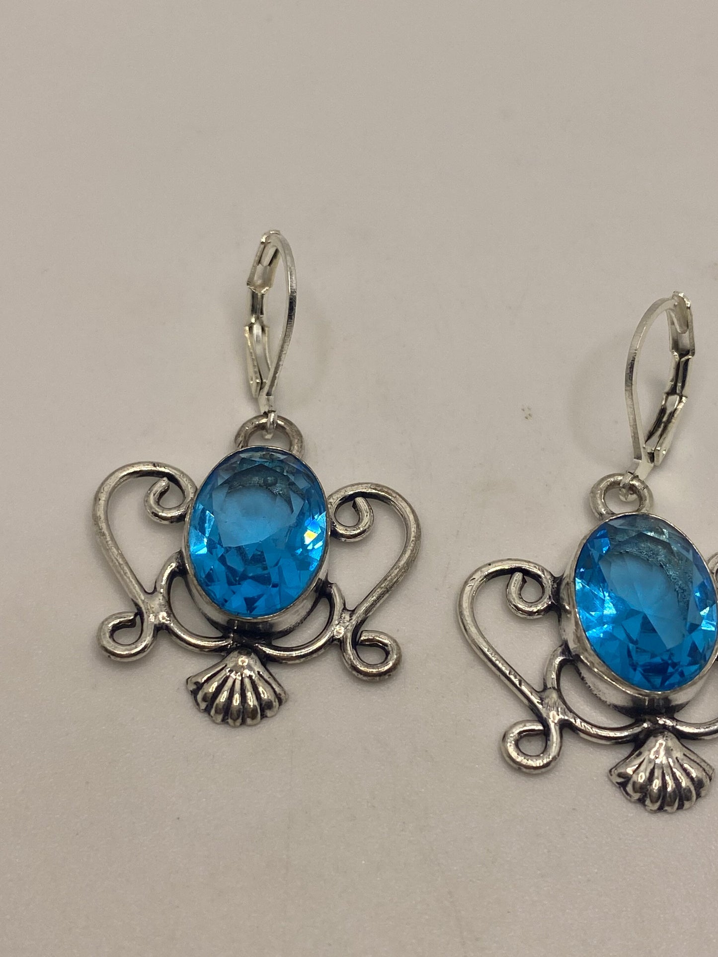 Antique Vintage Aqua Blue Volcanic Glass Silver Dangle Earrings