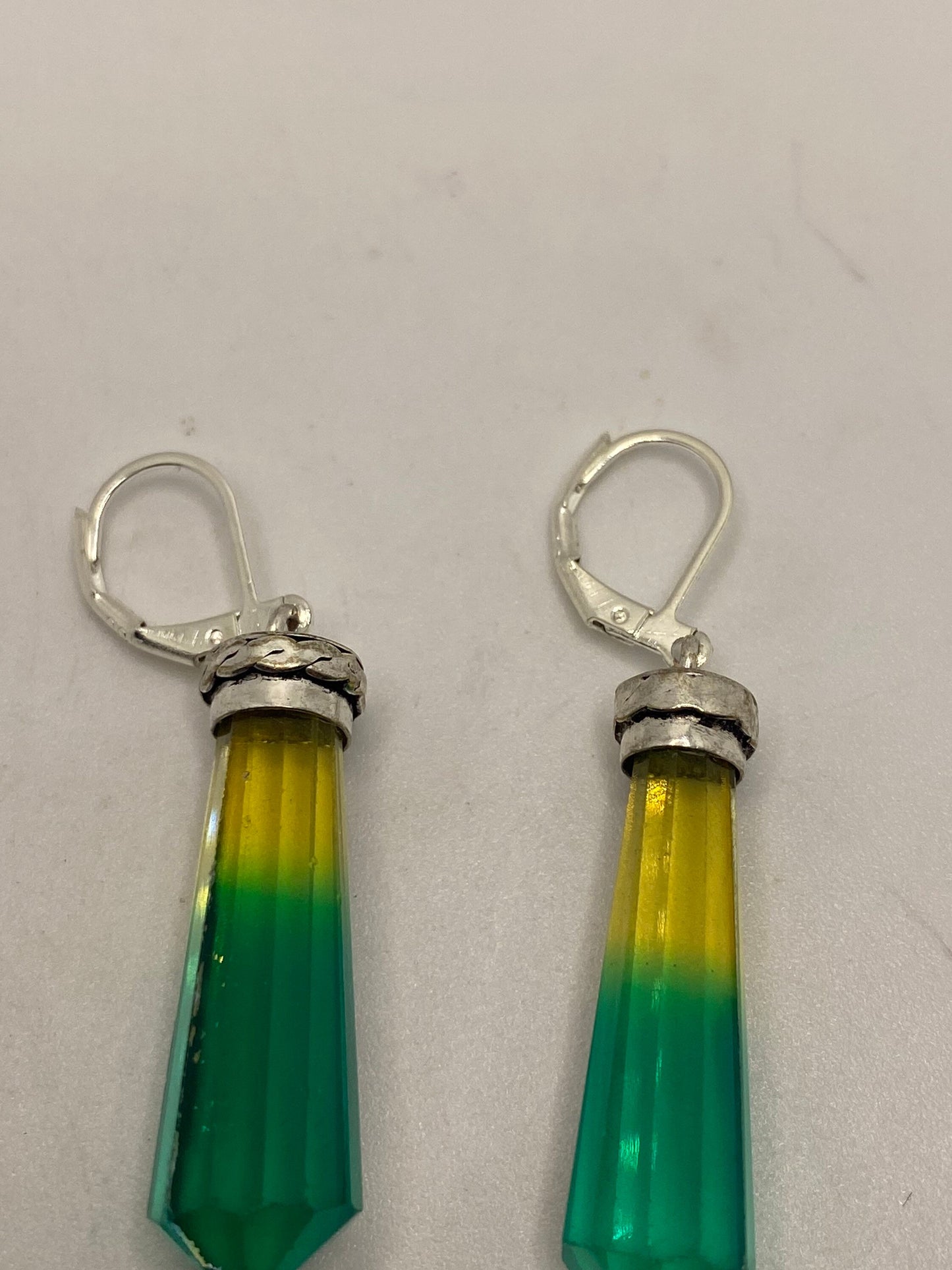 Antique Vintage Green Yellow Volcanic Glass Silver Dangle Earrings