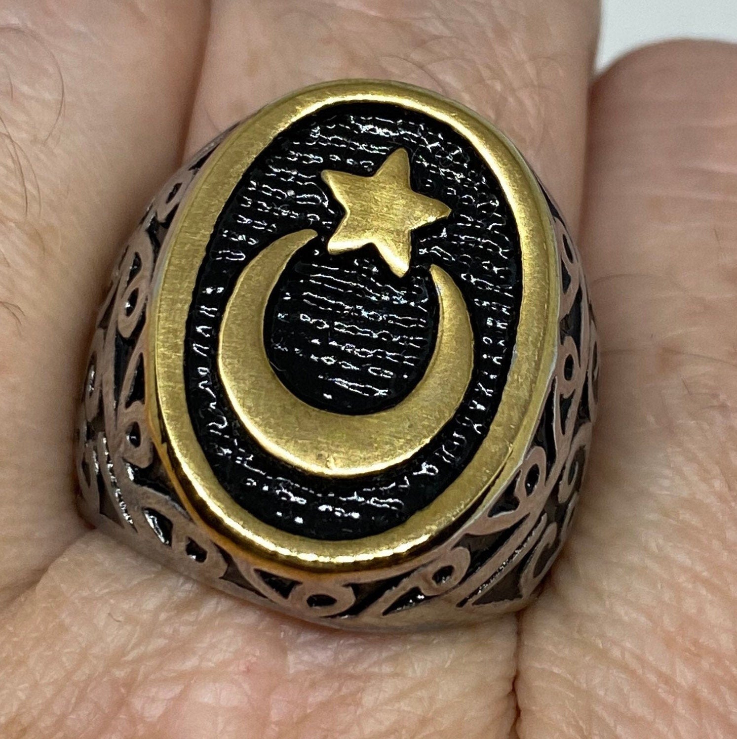 Vintage Gothic Golden Silver Stainless Steel Muslim Star Crescent Mens Ring