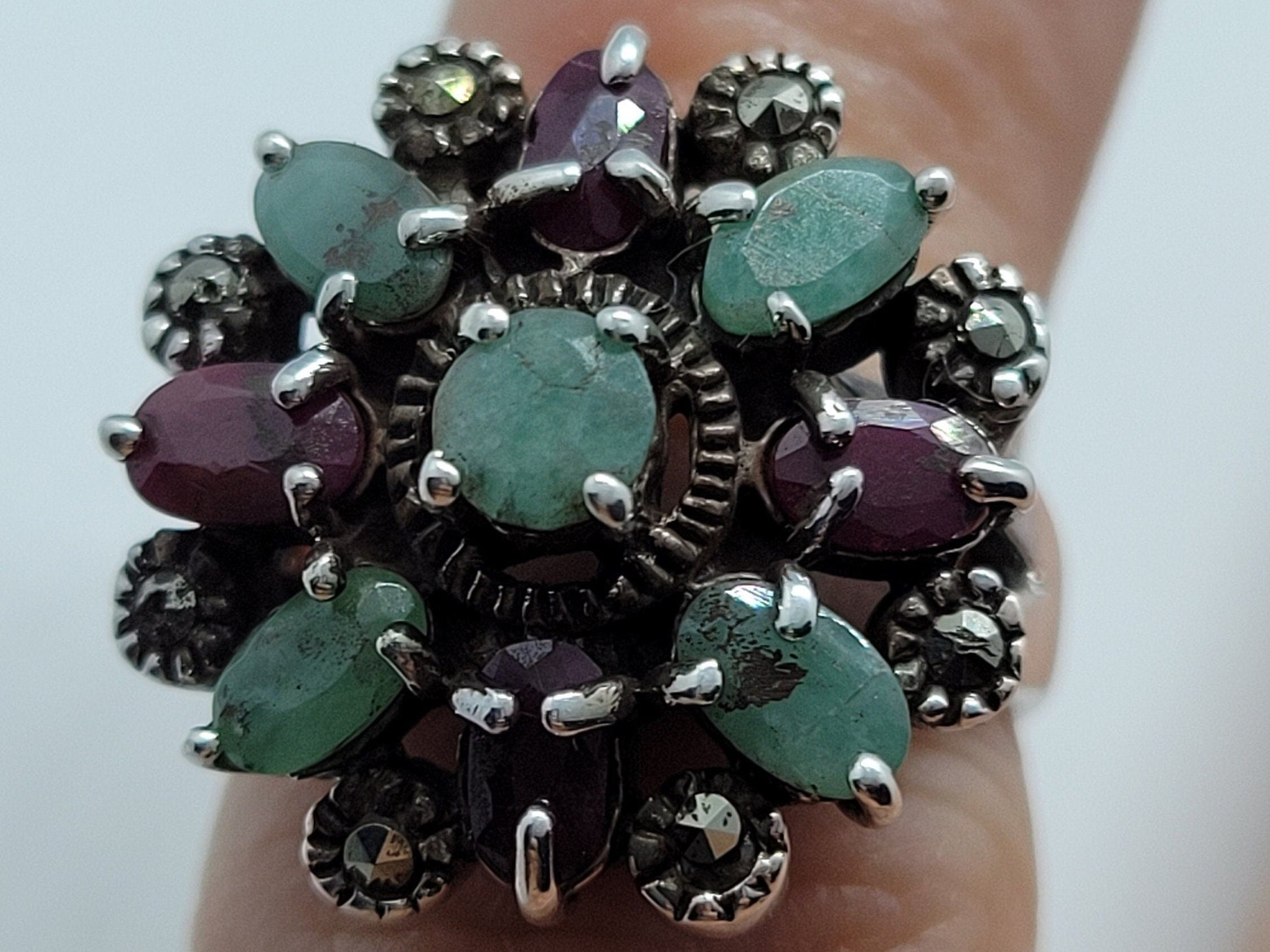 Vintage Emerald and Ruby Ring in 925 Sterling Silver with Marcasite on finger