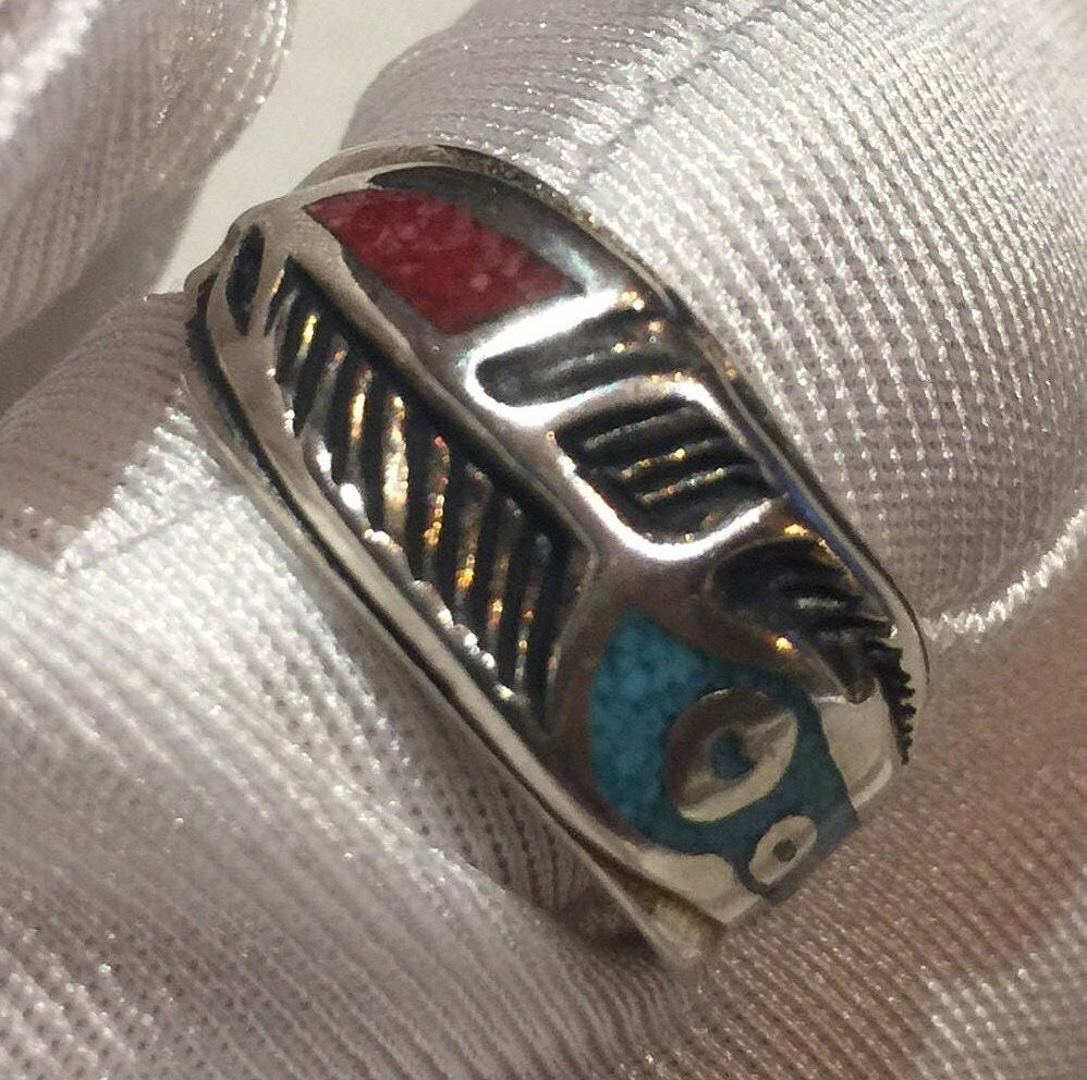 Vintage Native American Style Southwestern Turquoise Stone Inlay Feather Ring