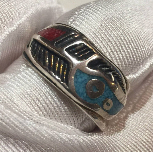 Vintage Native American Style Southwestern Turquoise Stone Inlay Feather Ring