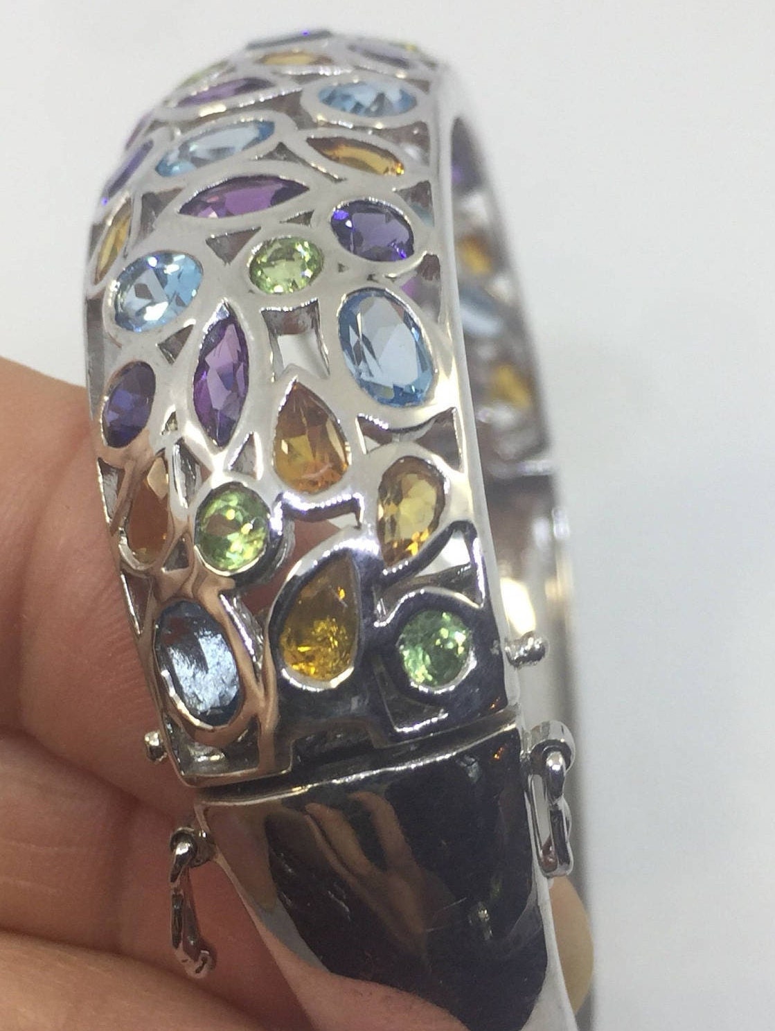 Genuine Mixed Gemstones in 925 Sterling Silver Deco Bangle Bracelet
