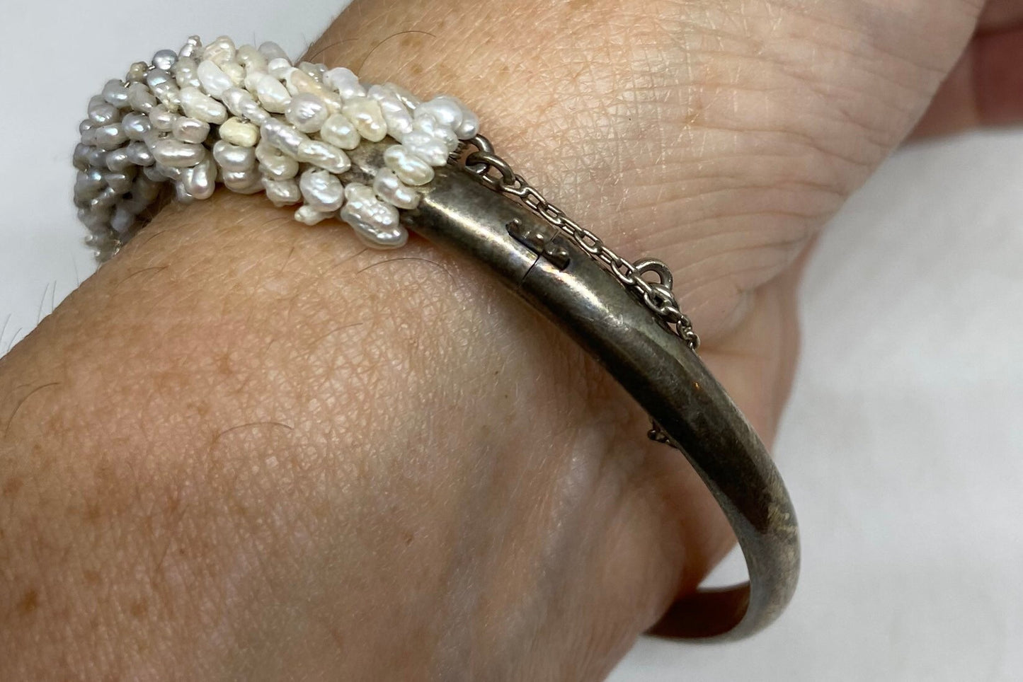 Genuine Pearl 925 Sterling Silver Deco Bangle Bracelet