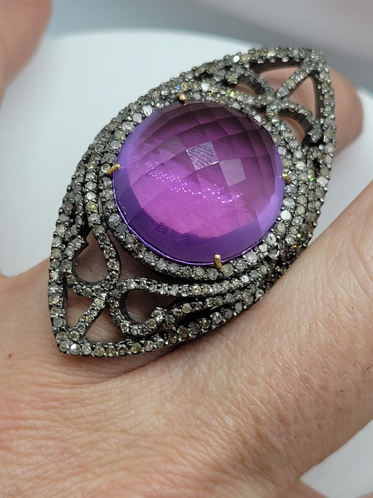 Vintage Purple Amethyst with Diamonds in 925 Sterling Silver and 18k Gold Ring Genuine Amethyst Genuine Diamond Revival Collection