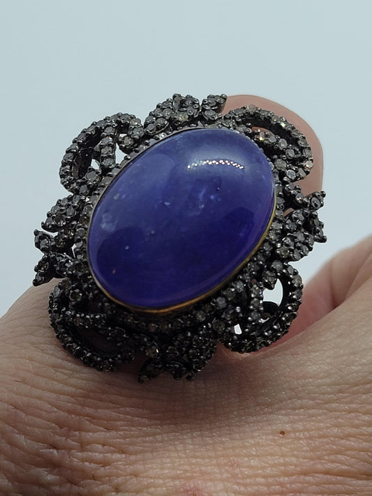 Vintage Blue Tanzanite with Diamonds in 925 Sterling Silver and 18k Gold Ring Genuine Tanzanite Genuine Diamond Revival Collection
