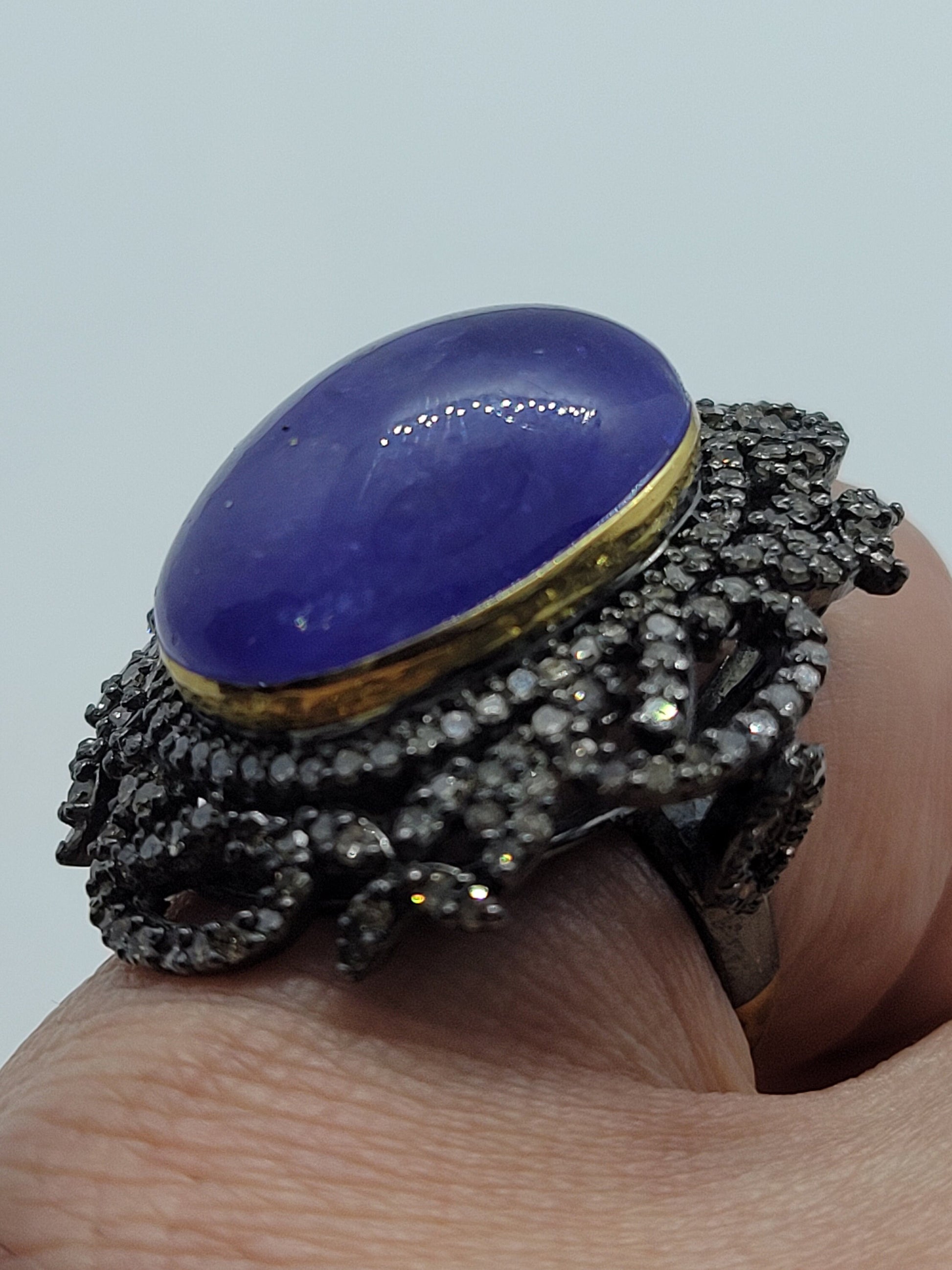 Vintage Blue Tanzanite with Diamonds in 925 Sterling Silver and 18k Gold Ring Genuine Tanzanite Genuine Diamond Revival Collection