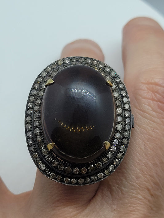 Vintage Smoky Topaz with Diamonds in 925 Sterling Silver and 18k Gold Ring Genuine Topaz Genuine Diamond Revival Collection