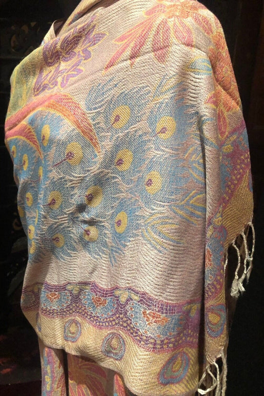 Vintage Peacock Feather Brocade Pashmina Scarf Wrap Shawl