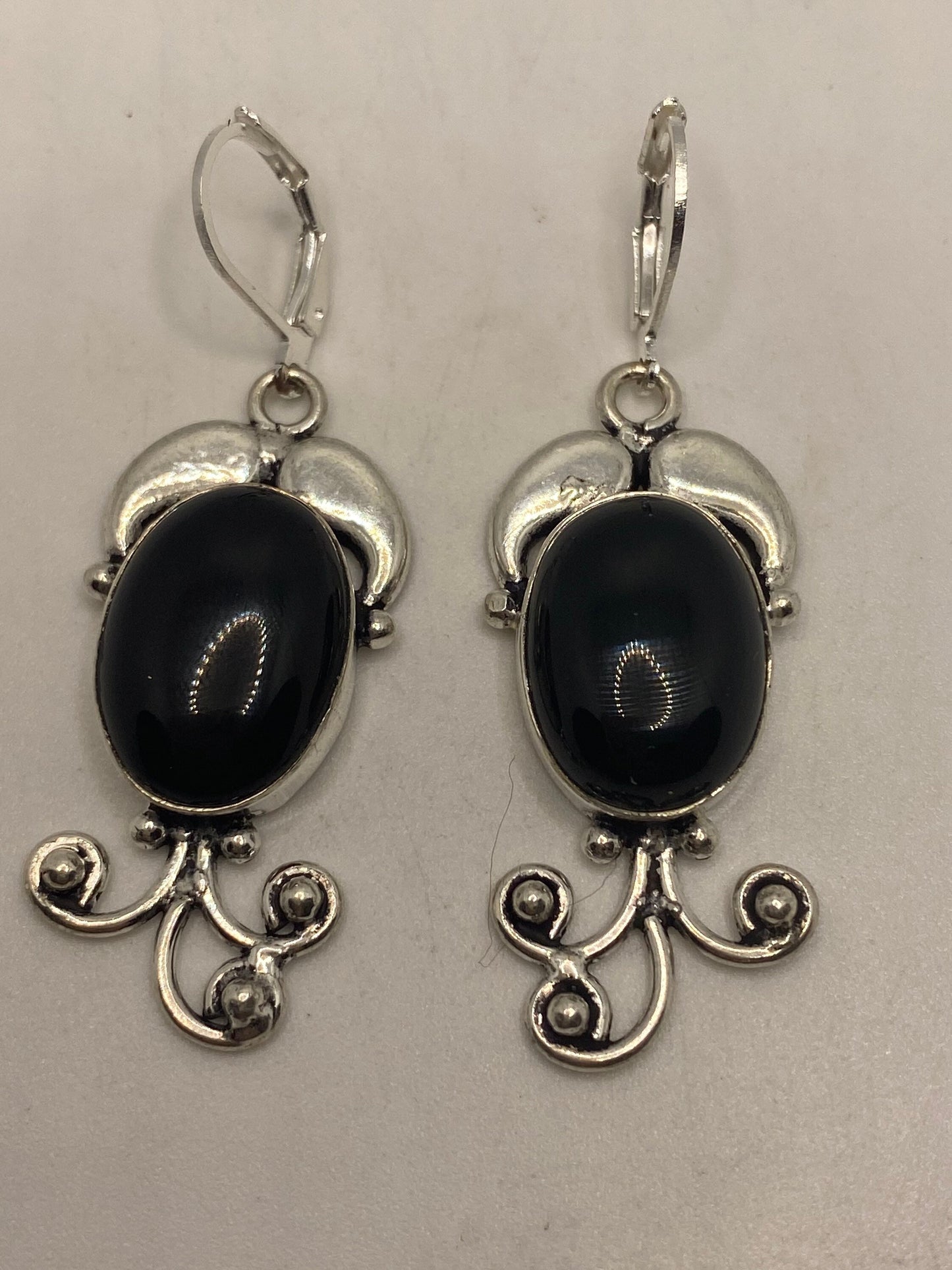 Vintage Black Onyx Earrings 925 Sterling Silver Deco Dangle Chandelier