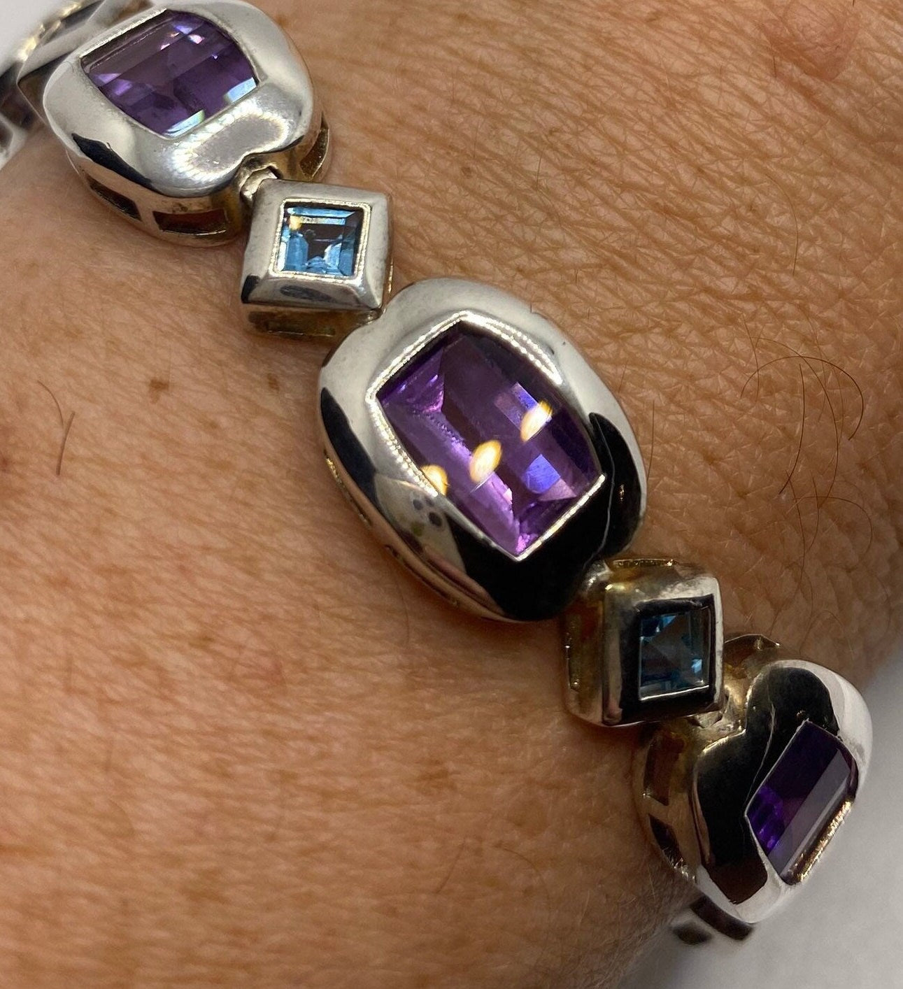 Purple Amethyst Blue Topaz Deco Bracelet in 925 Sterling Silver on wrist